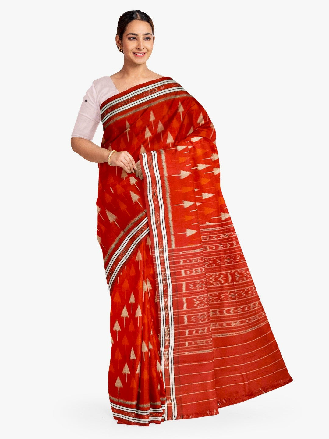 Red Cotton Ikat saree with cotton ikat blouse piece