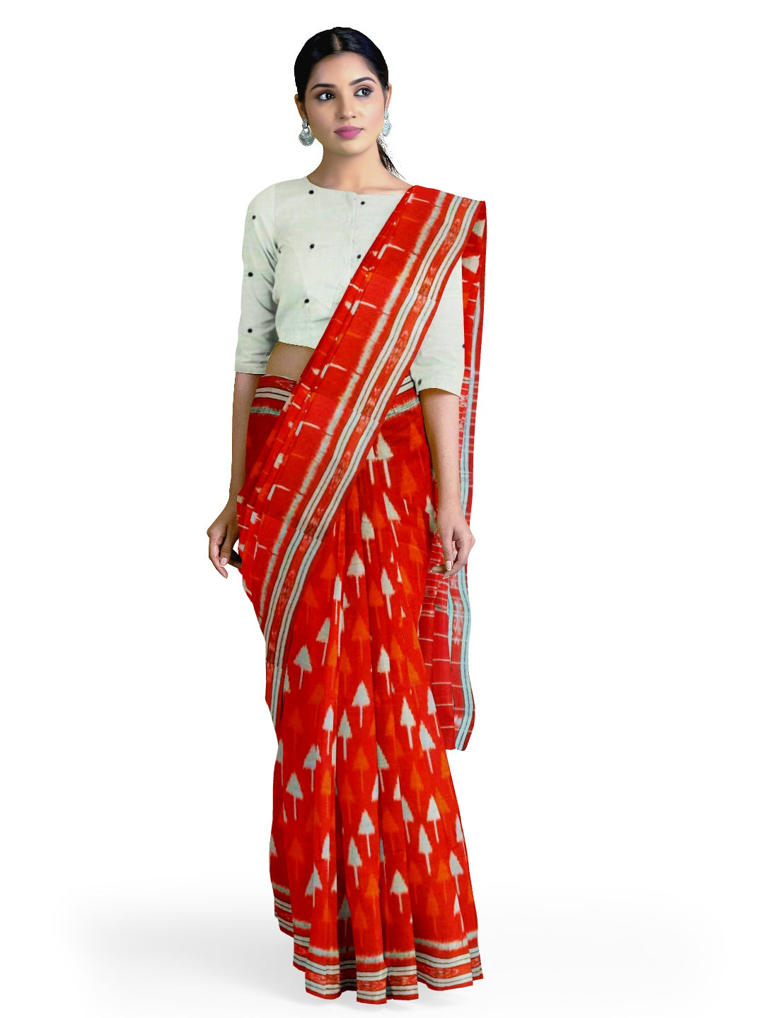 Red Cotton Ikat saree with cotton ikat blouse piece