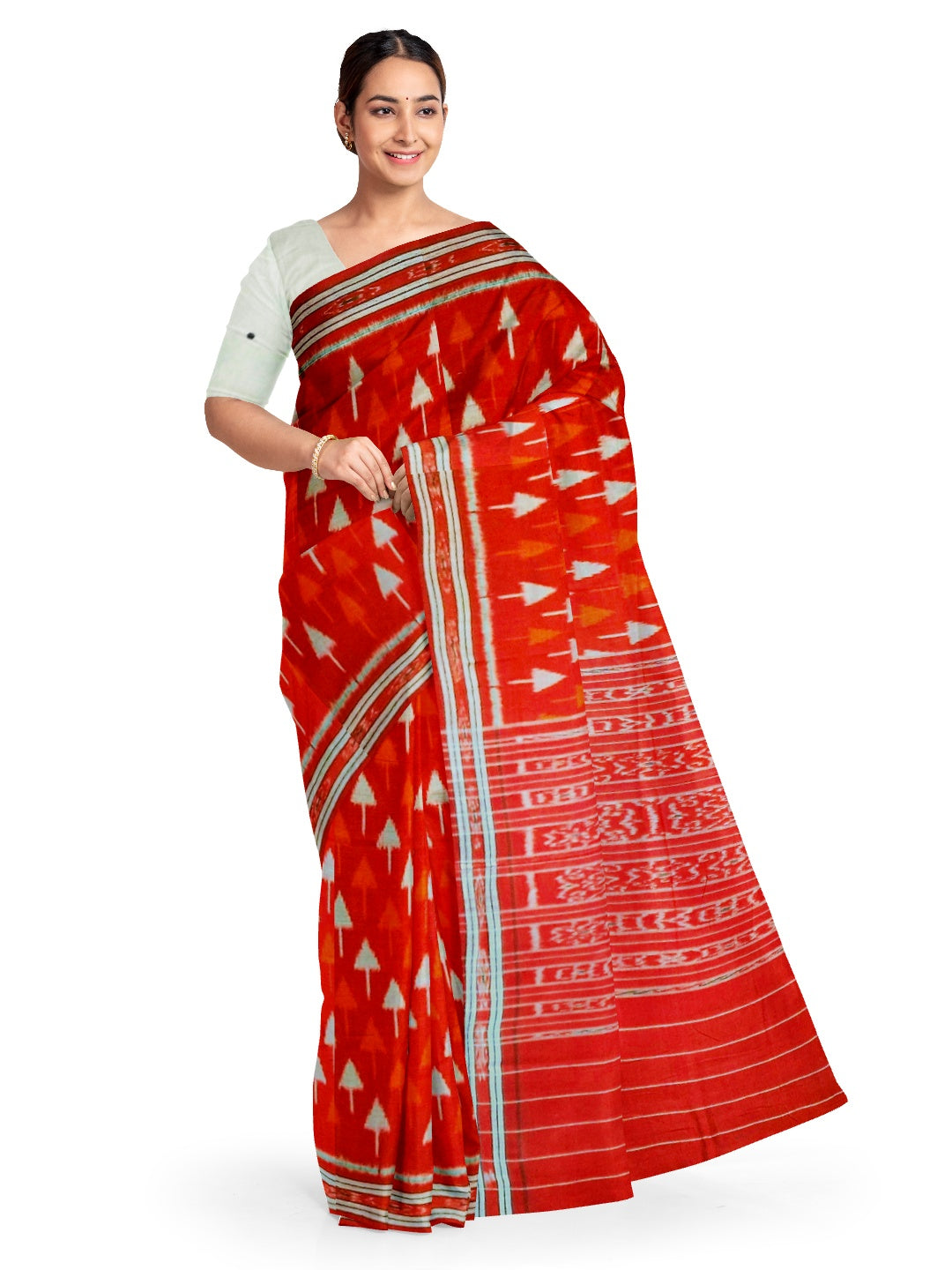 Red Cotton Ikat saree with cotton ikat blouse piece