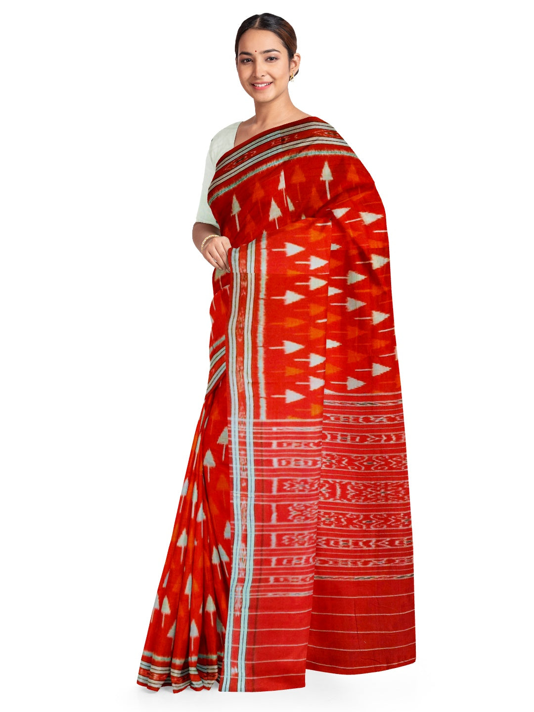Red Cotton Ikat saree with cotton ikat blouse piece