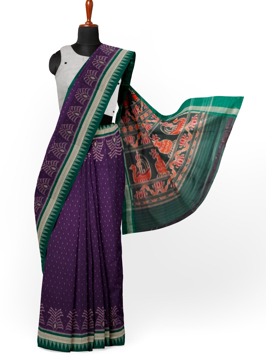Purple with Green Cotton Ikat saree with cotton ikat blouse piece