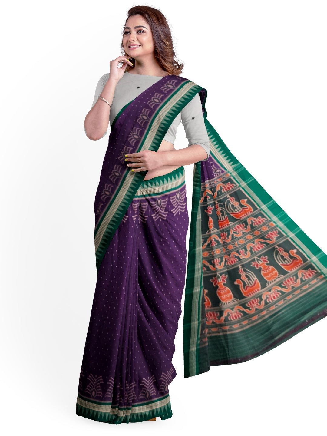 Purple with Green Cotton Ikat saree with cotton ikat blouse piece