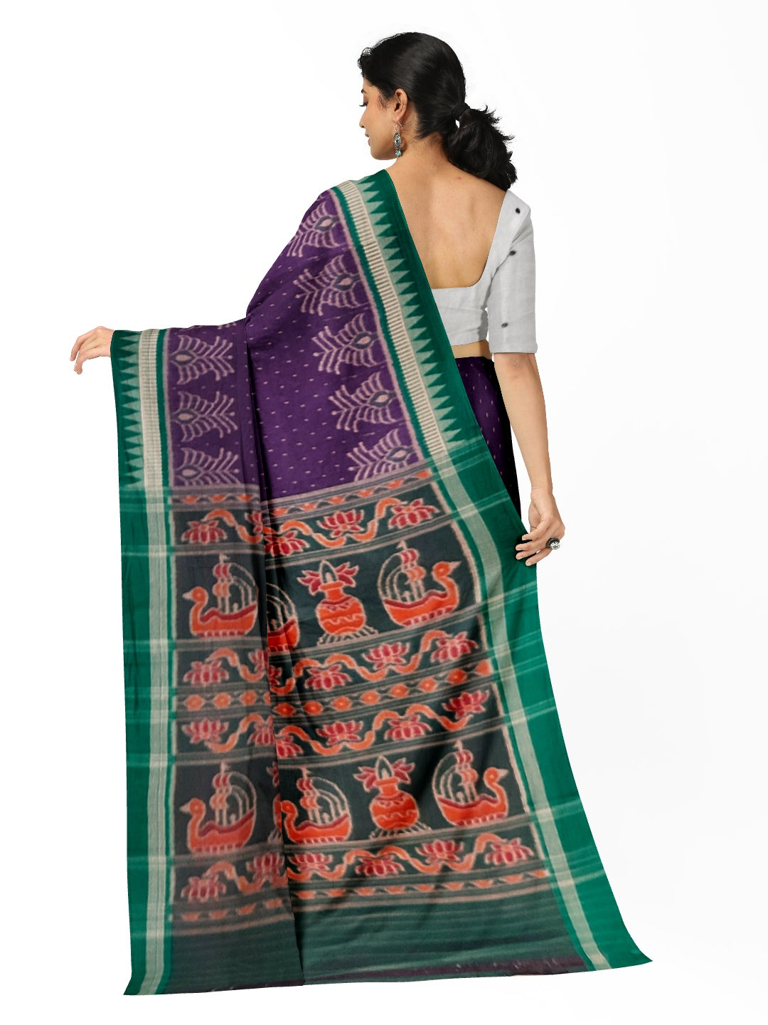 Purple with Green Cotton Ikat saree with cotton ikat blouse piece