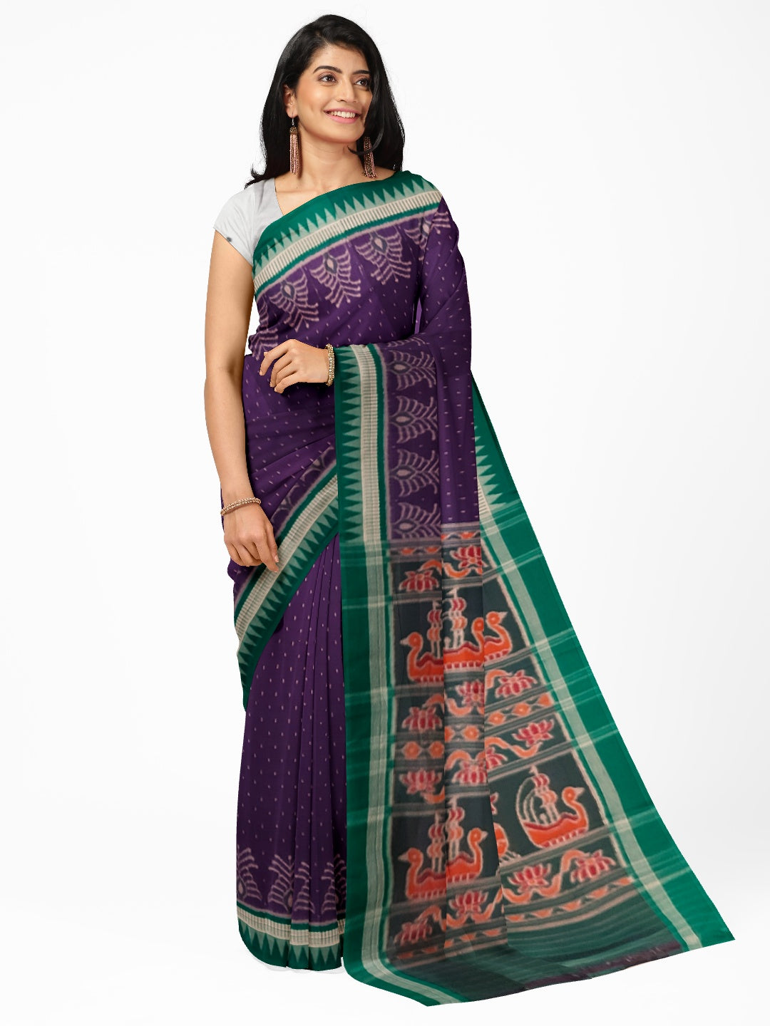 Purple with Green Cotton Ikat saree with cotton ikat blouse piece