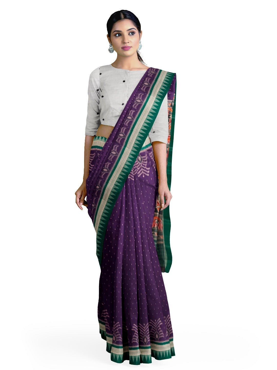 Purple with Green Cotton Ikat saree with cotton ikat blouse piece