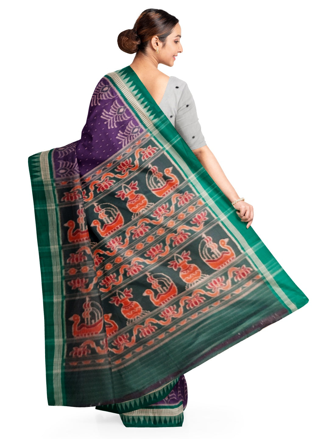 Purple with Green Cotton Ikat saree with cotton ikat blouse piece