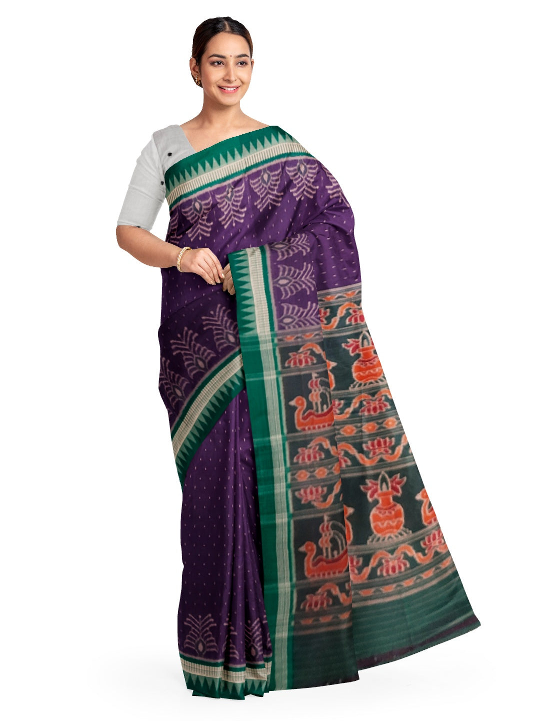 Purple with Green Cotton Ikat saree with cotton ikat blouse piece
