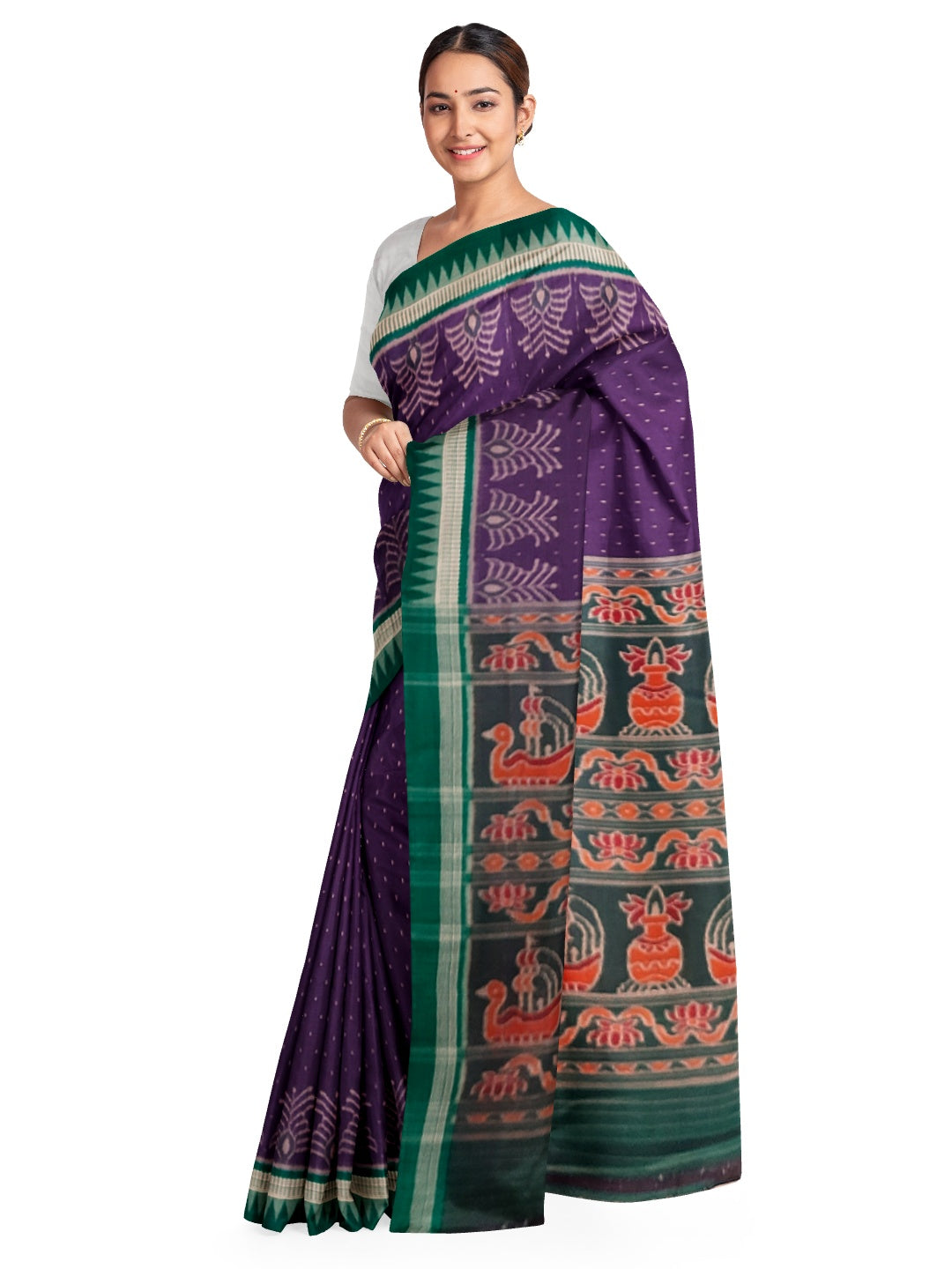 Purple with Green Cotton Ikat saree with cotton ikat blouse piece