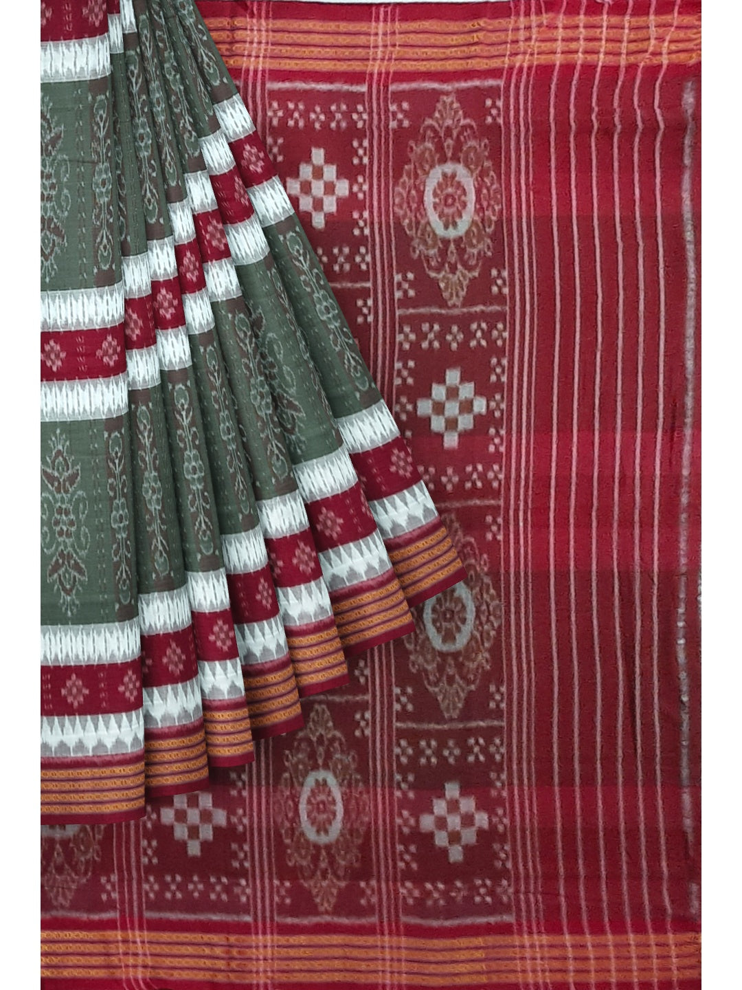 Green with Maroon Cotton Ikat saree with cotton ikat blouse piece