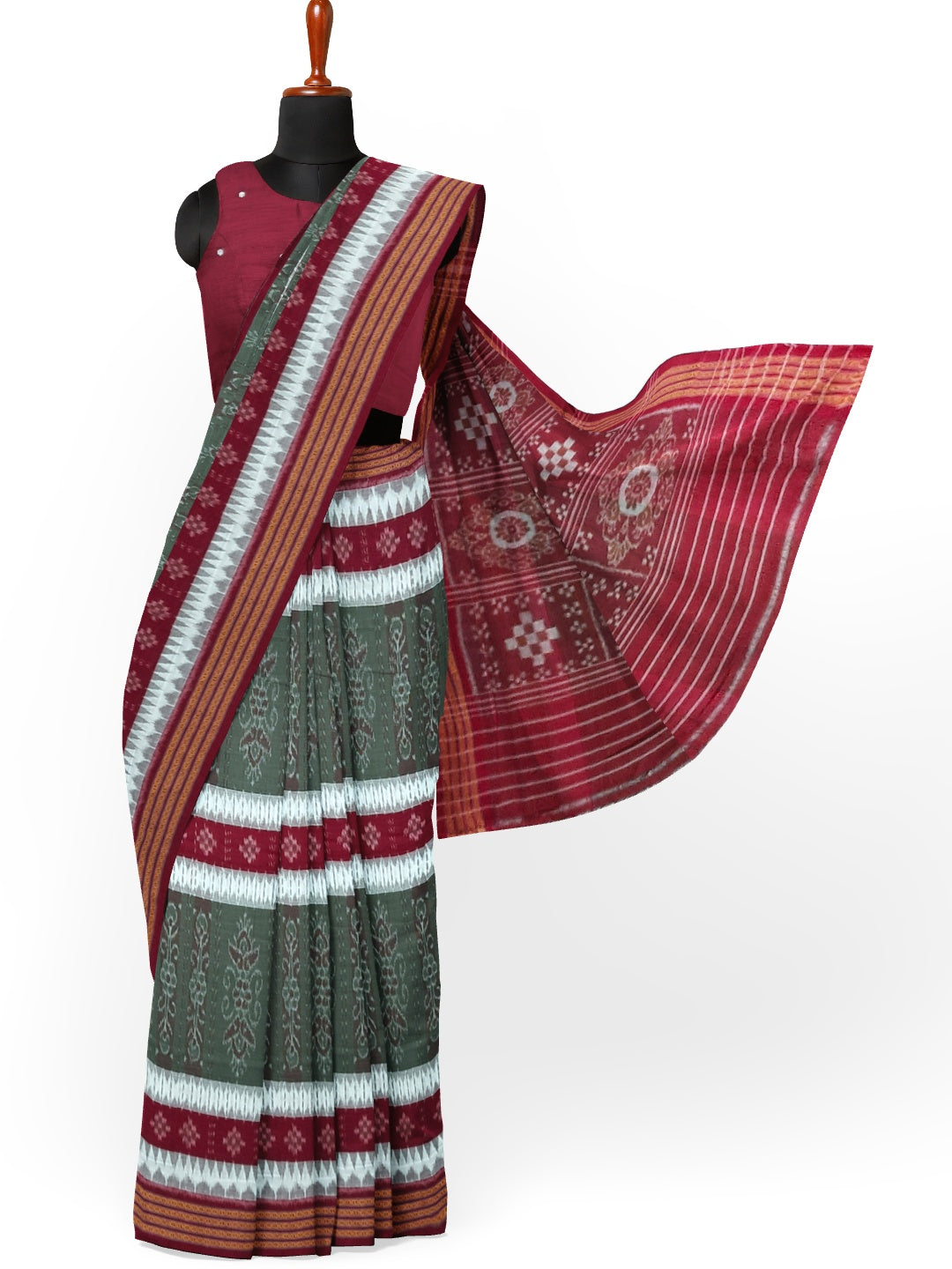 Green with Maroon Cotton Ikat saree with cotton ikat blouse piece