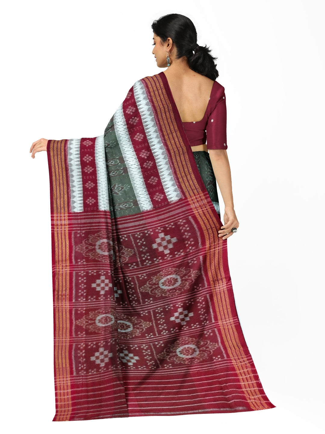 Green with Maroon Cotton Ikat saree with cotton ikat blouse piece
