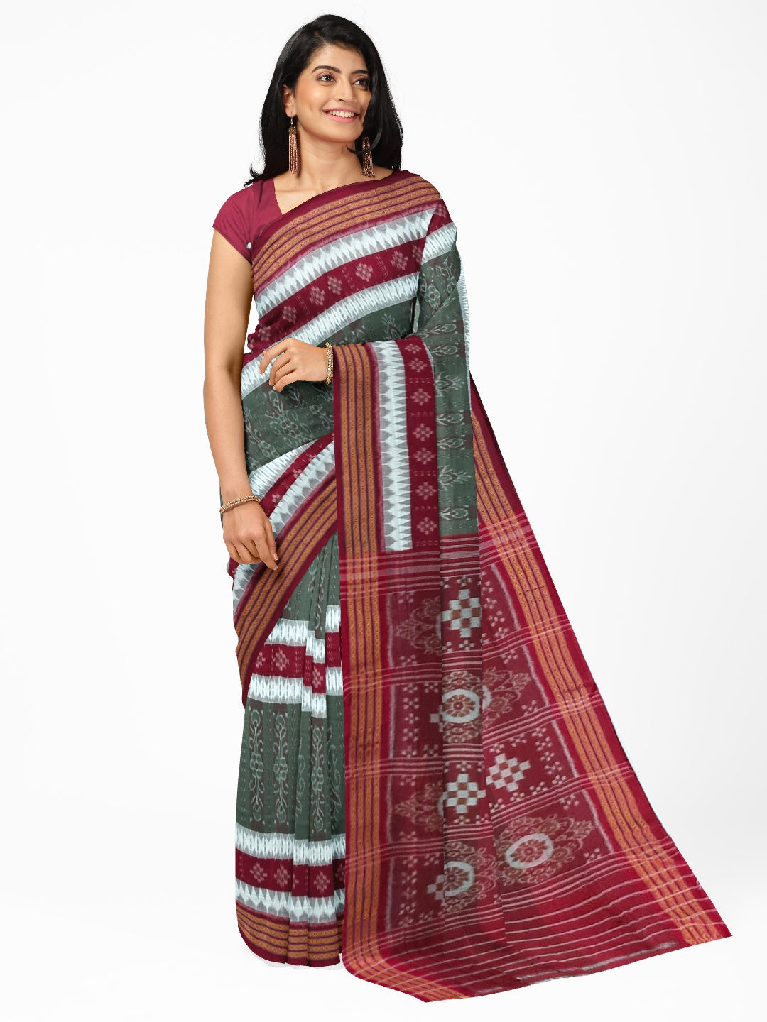 Green with Maroon Cotton Ikat saree with cotton ikat blouse piece