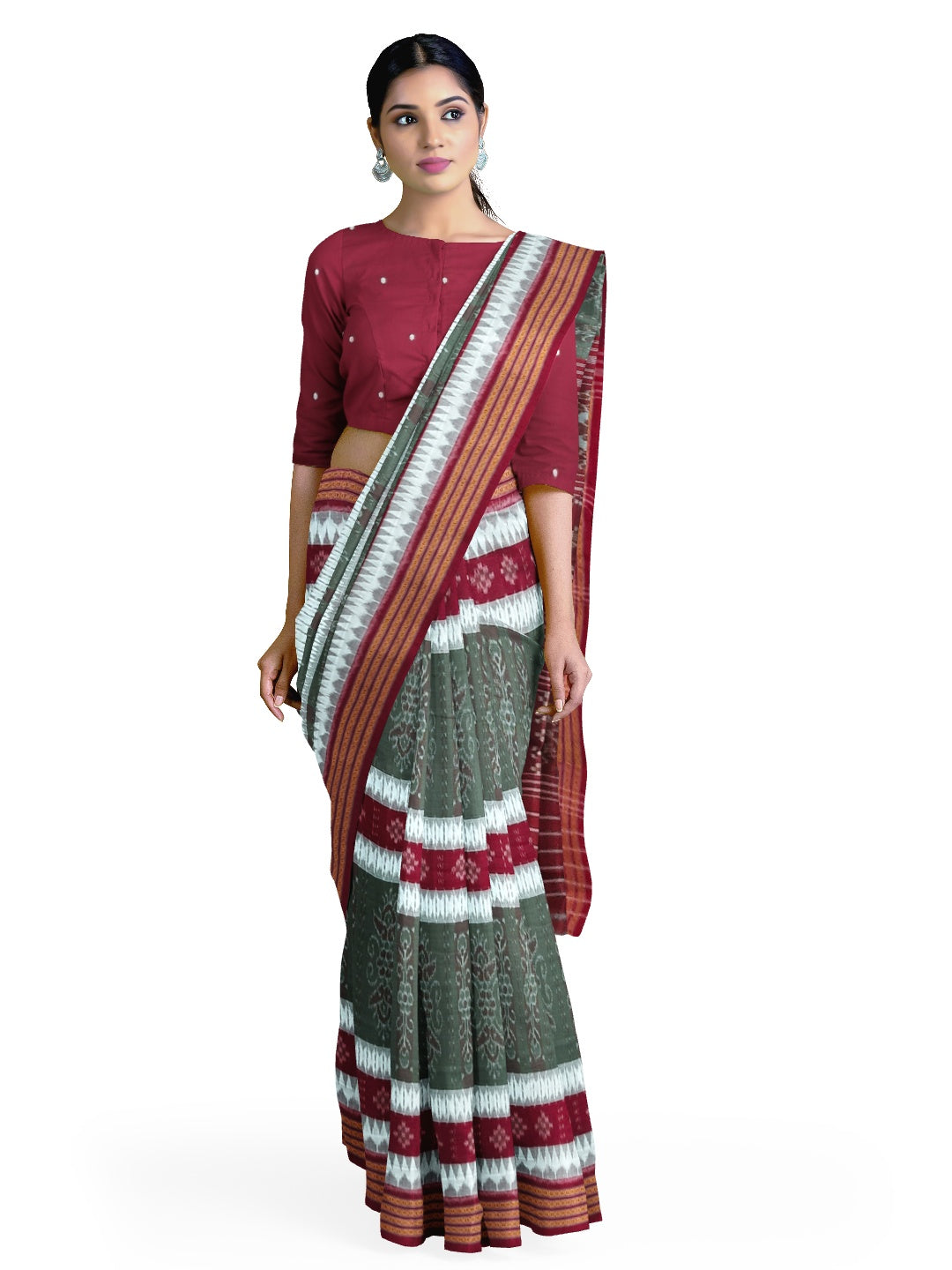 Green with Maroon Cotton Ikat saree with cotton ikat blouse piece