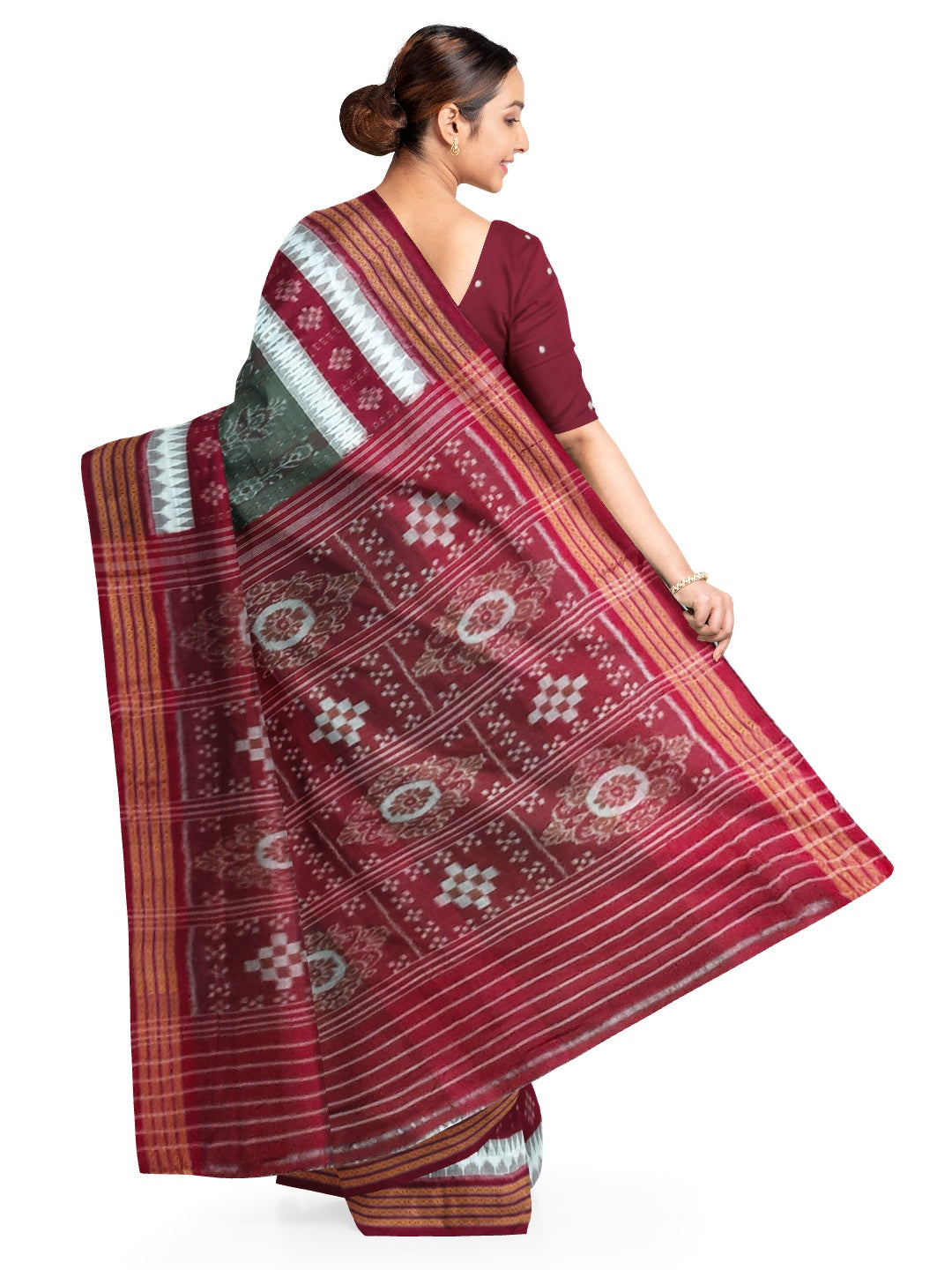 Green with Maroon Cotton Ikat saree with cotton ikat blouse piece