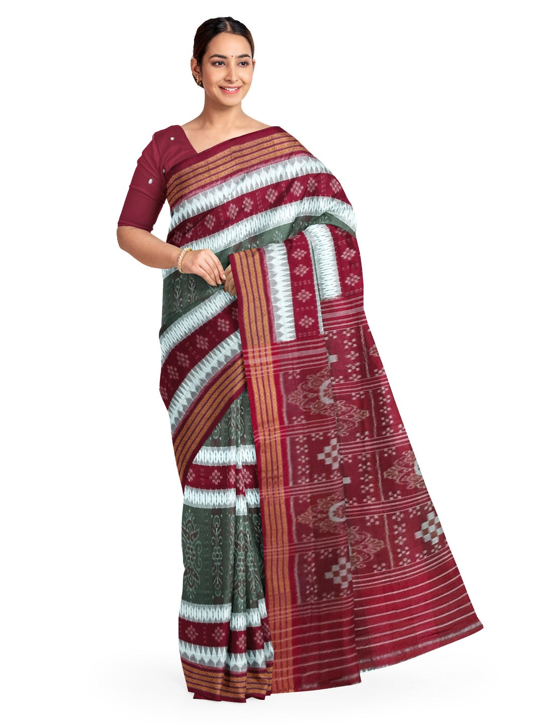 Green with Maroon Cotton Ikat saree with cotton ikat blouse piece