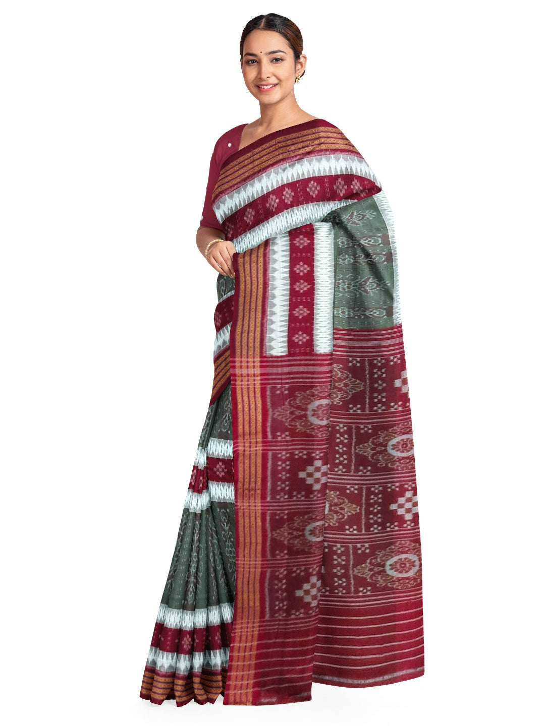 Green with Maroon Cotton Ikat saree with cotton ikat blouse piece