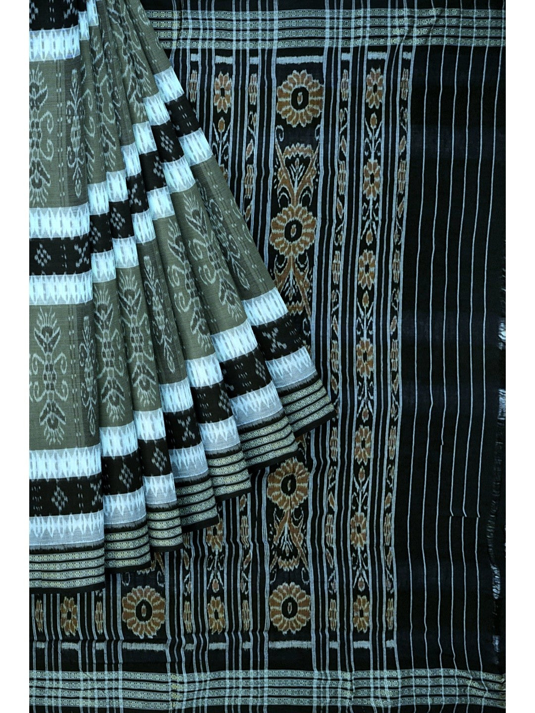 Green with Black Cotton Ikat saree with cotton ikat blouse piece