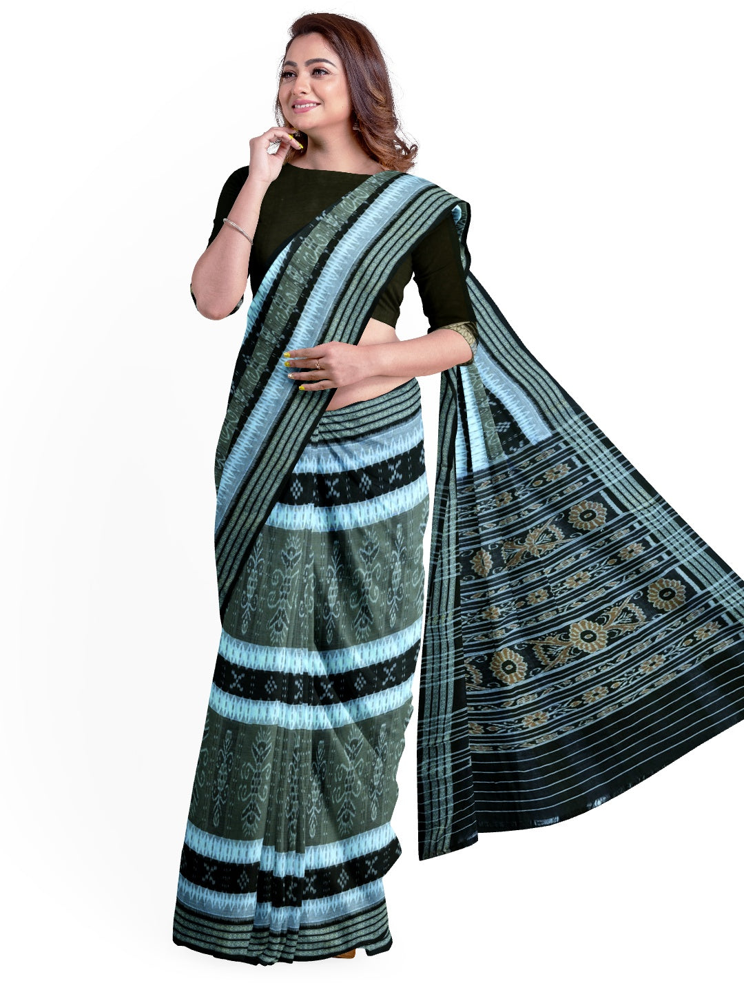 Green with Black Cotton Ikat saree with cotton ikat blouse piece