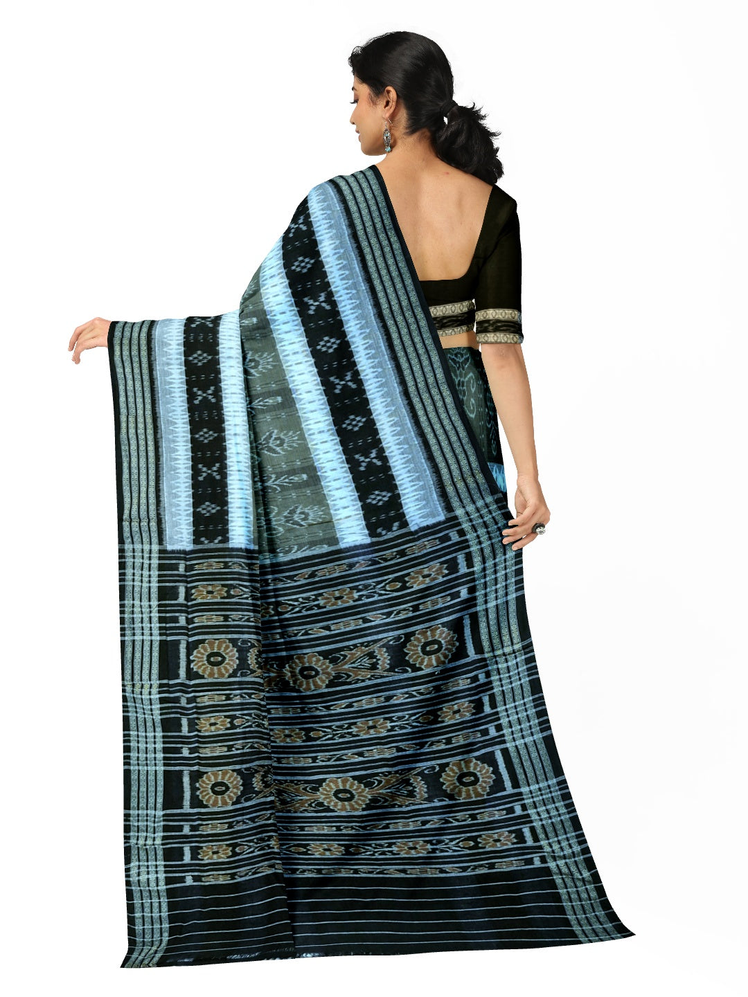 Green with Black Cotton Ikat saree with cotton ikat blouse piece