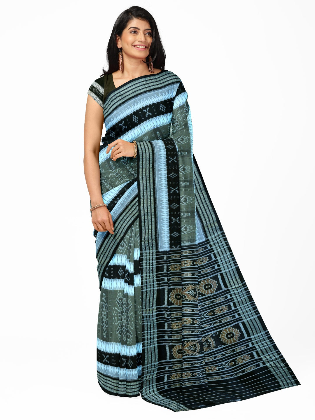 Green with Black Cotton Ikat saree with cotton ikat blouse piece