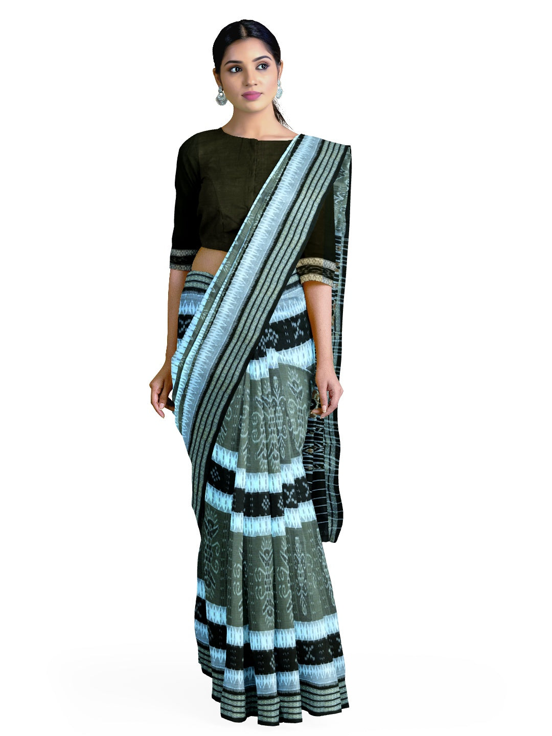 Green with Black Cotton Ikat saree with cotton ikat blouse piece