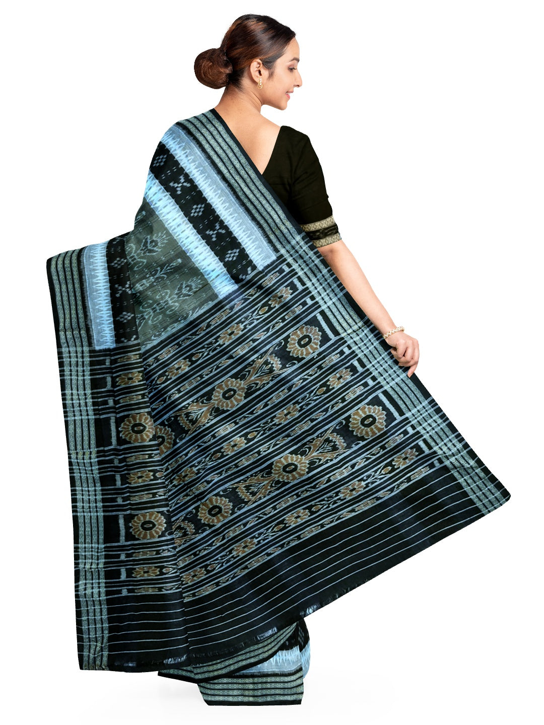 Green with Black Cotton Ikat saree with cotton ikat blouse piece