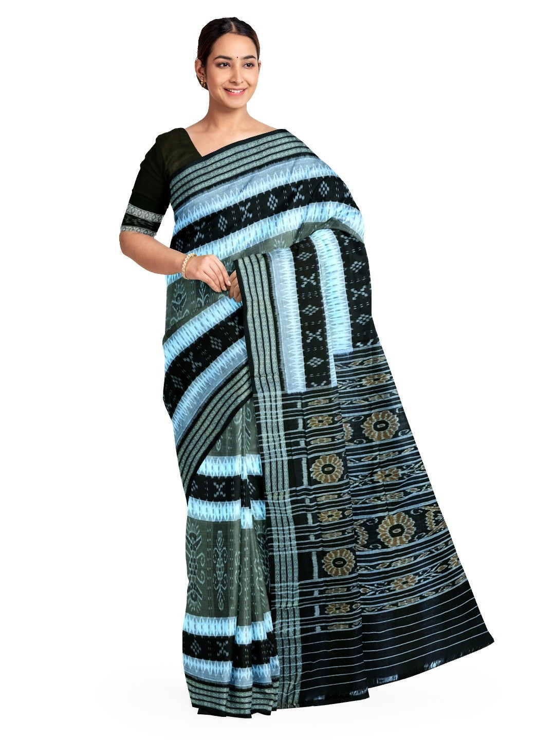 Green with Black Cotton Ikat saree with cotton ikat blouse piece