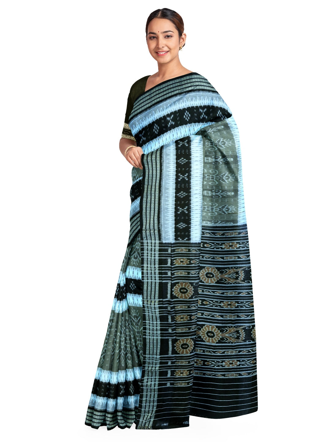Green with Black Cotton Ikat saree with cotton ikat blouse piece