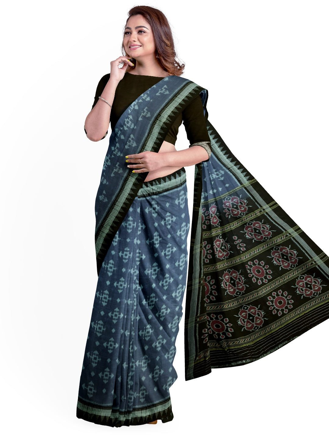 Grey Cotton Ikat saree with cotton ikat blouse piece