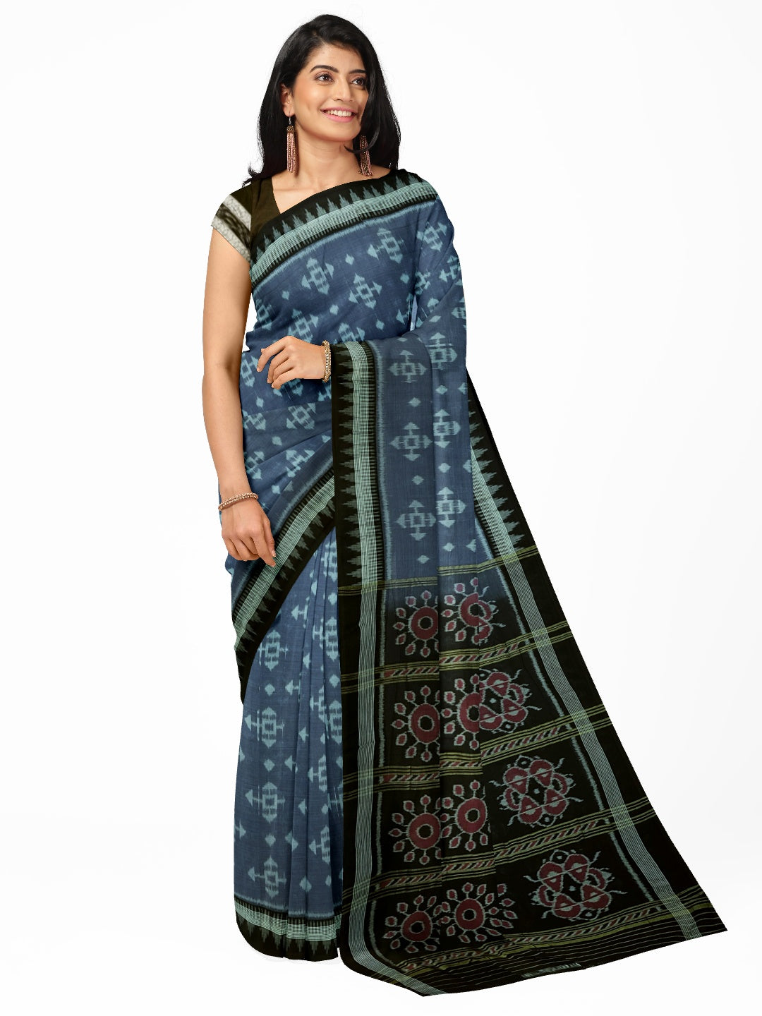 Grey Cotton Ikat saree with cotton ikat blouse piece