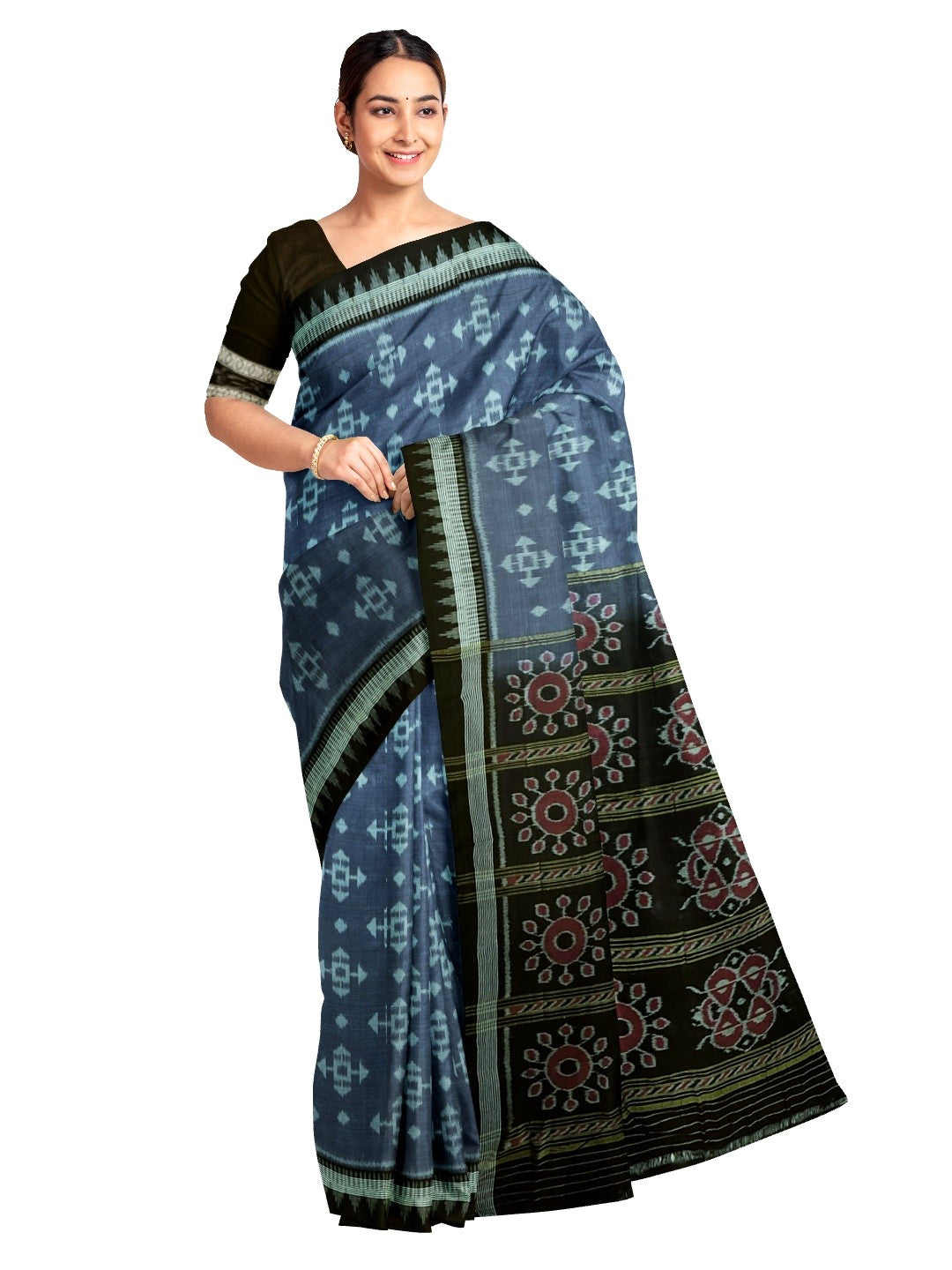 Grey Cotton Ikat saree with cotton ikat blouse piece