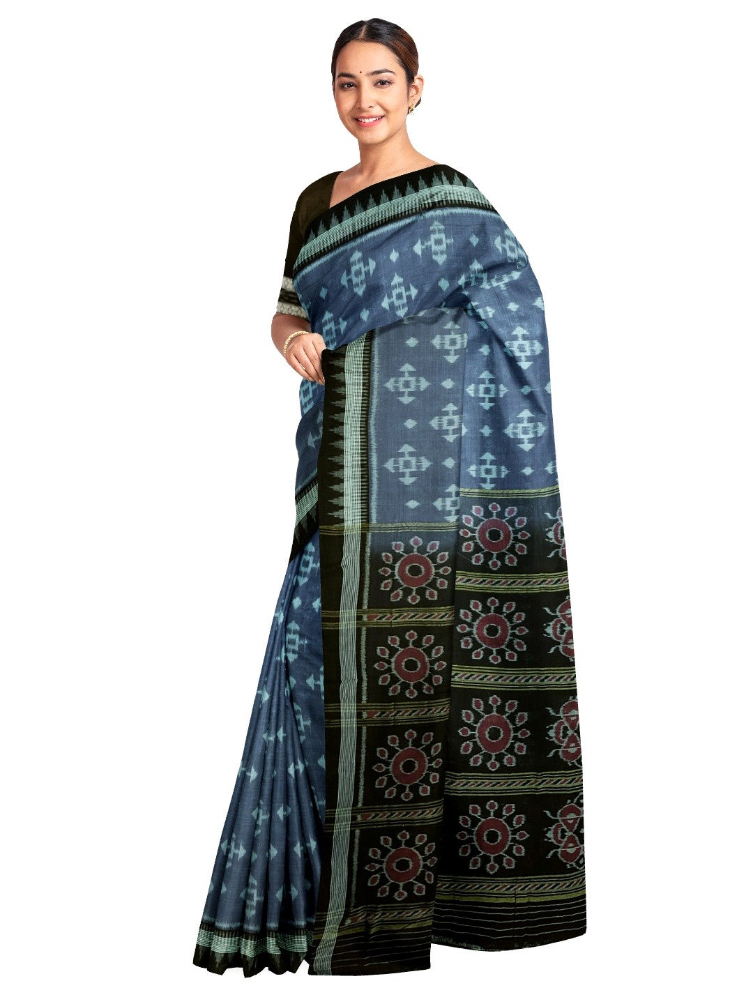 Grey Cotton Ikat saree with cotton ikat blouse piece