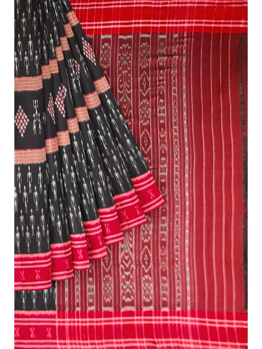 Black and Red Cotton Ikat saree with cotton ikat blouse piece