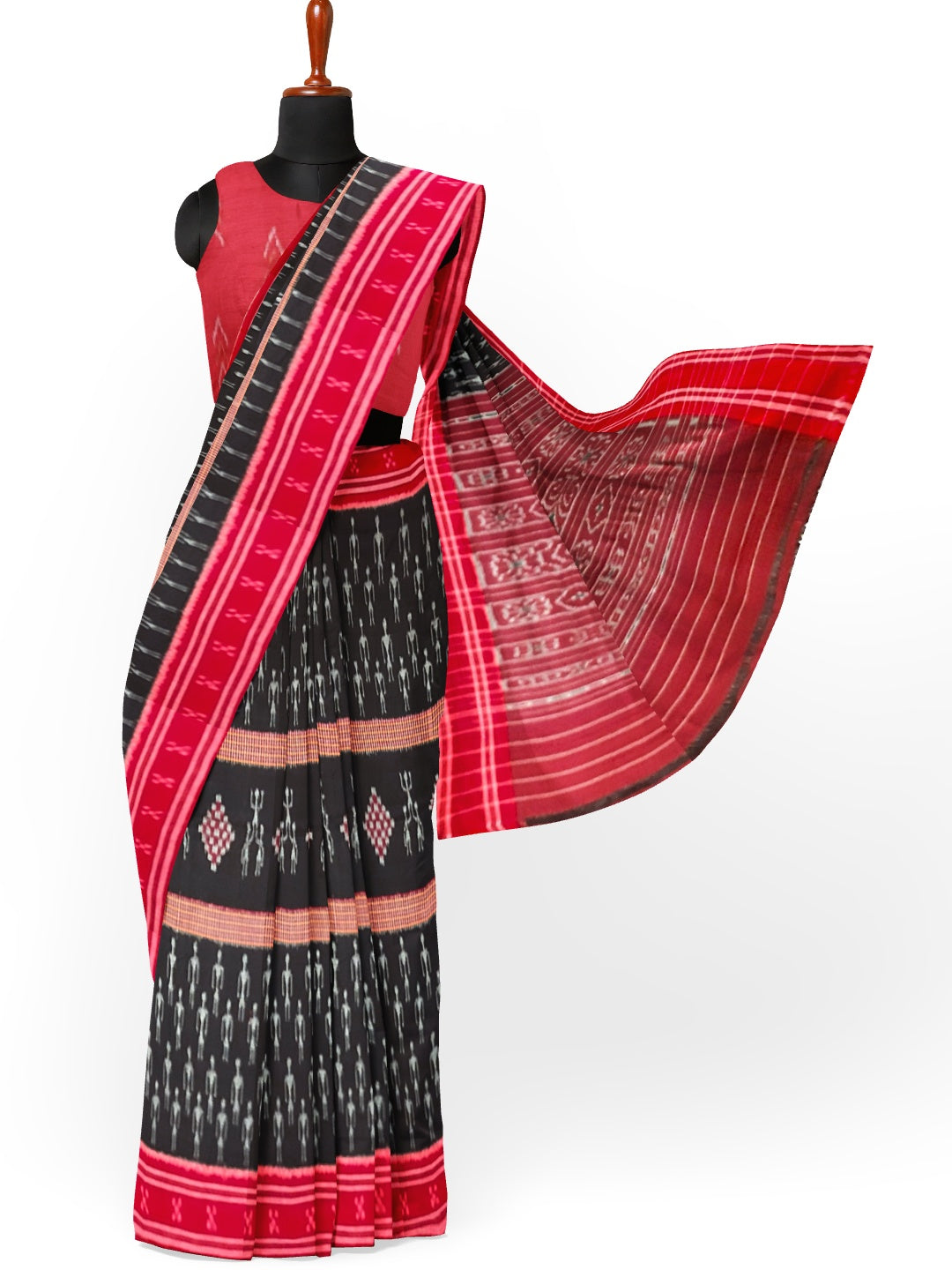 Black and Red Cotton Ikat saree with cotton ikat blouse piece