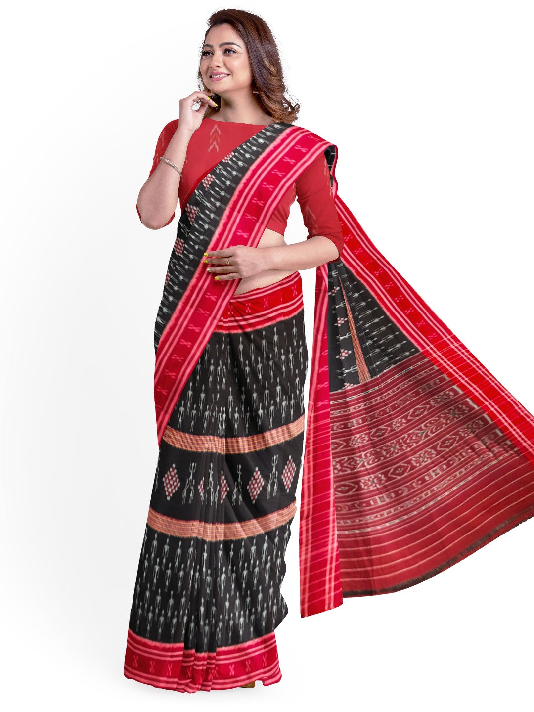 Black and Red Cotton Ikat saree with cotton ikat blouse piece