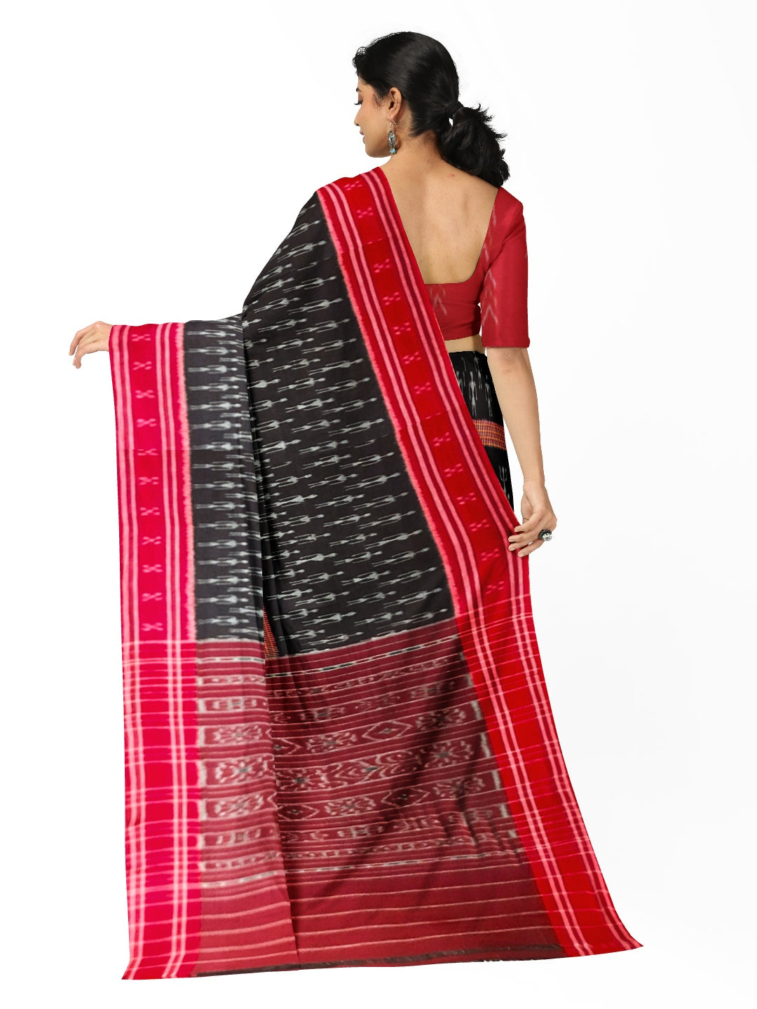 Black and Red Cotton Ikat saree with cotton ikat blouse piece