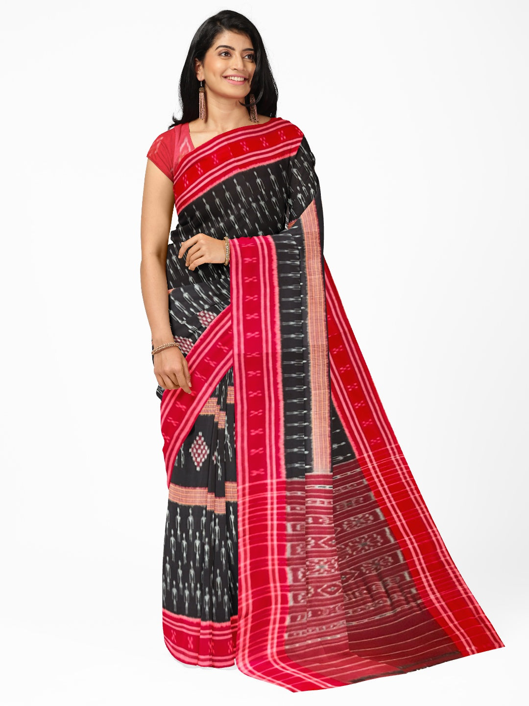 Black and Red Cotton Ikat saree with cotton ikat blouse piece