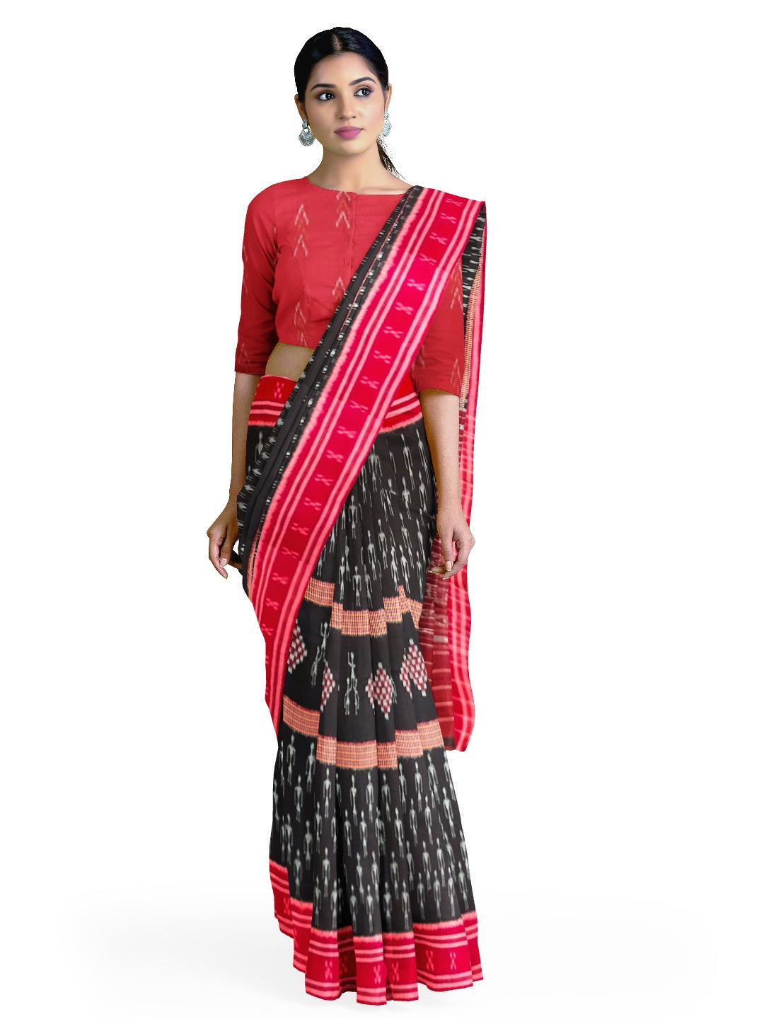Black and Red Cotton Ikat saree with cotton ikat blouse piece