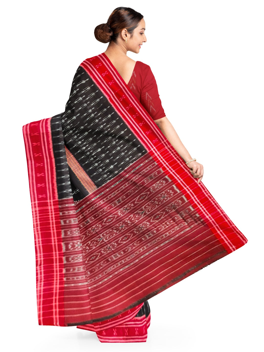 Black and Red Cotton Ikat saree with cotton ikat blouse piece