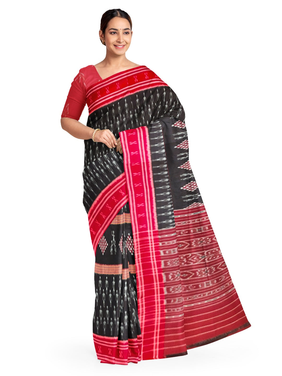 Black and Red Cotton Ikat saree with cotton ikat blouse piece