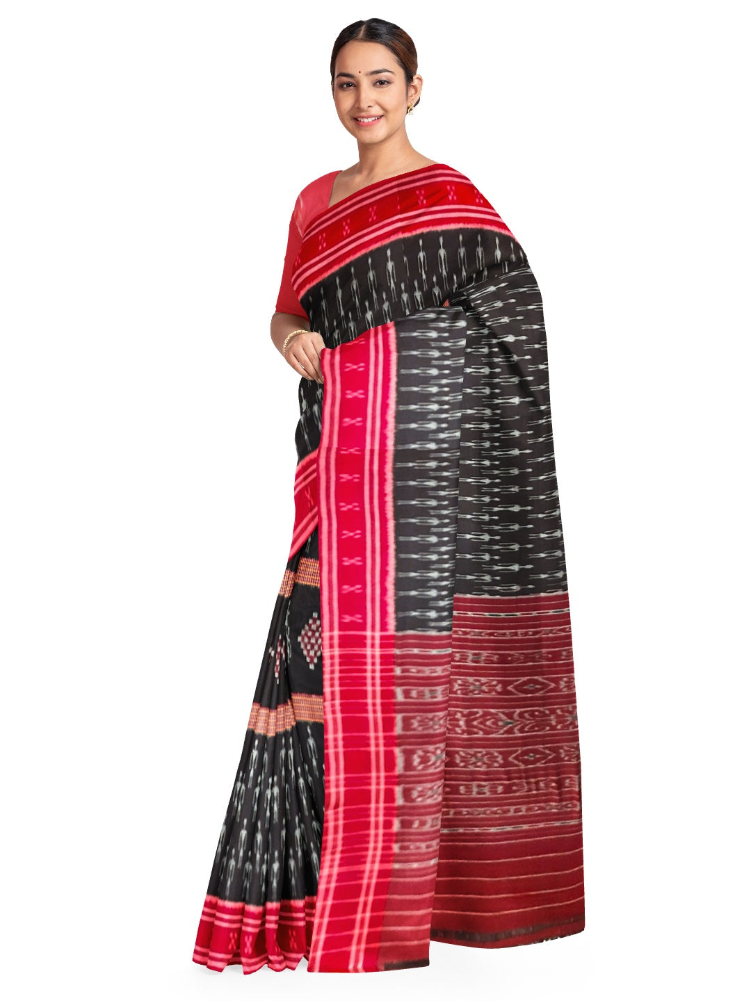 Black and Red Cotton Ikat saree with cotton ikat blouse piece
