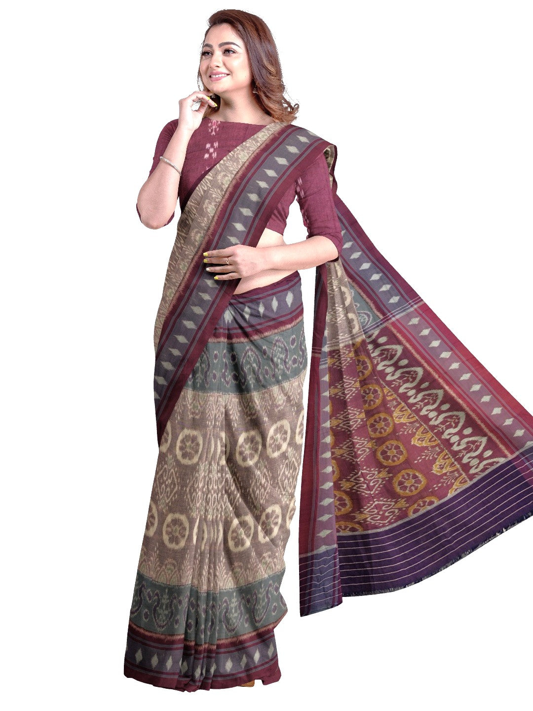 LightBrown Cotton Ikat saree with cotton ikat blouse piece