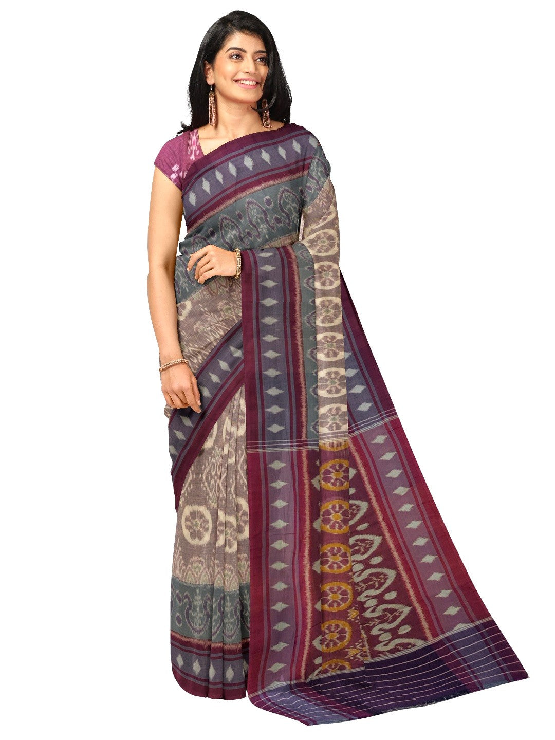 LightBrown Cotton Ikat saree with cotton ikat blouse piece