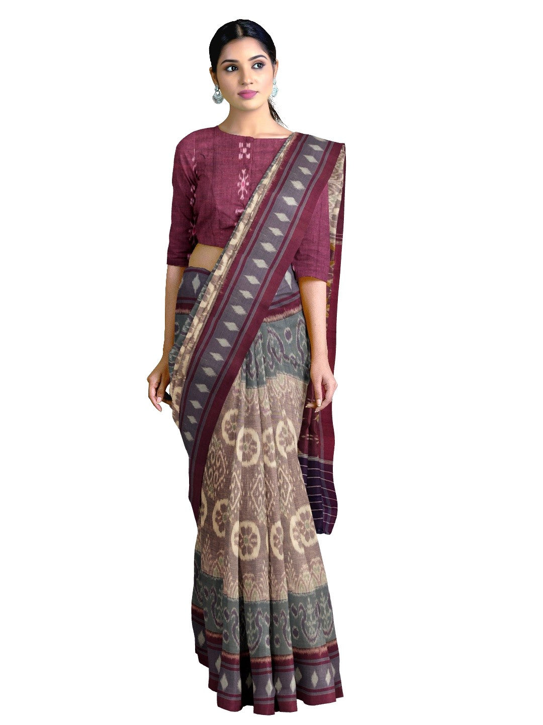 LightBrown Cotton Ikat saree with cotton ikat blouse piece
