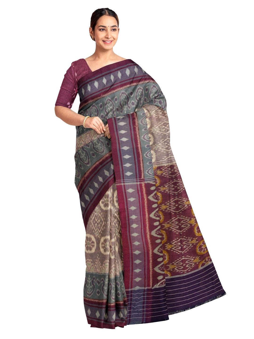 LightBrown Cotton Ikat saree with cotton ikat blouse piece