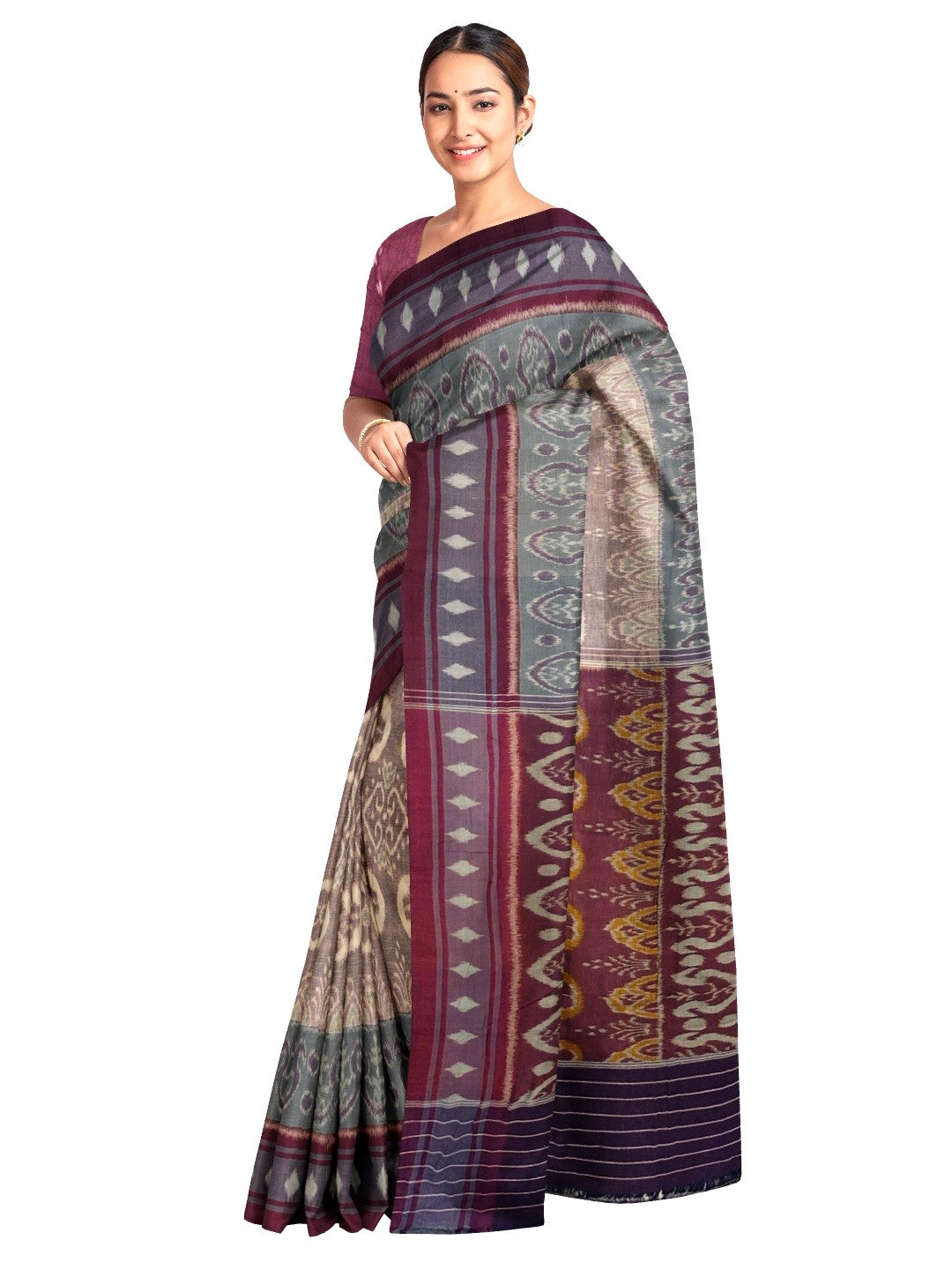 LightBrown Cotton Ikat saree with cotton ikat blouse piece