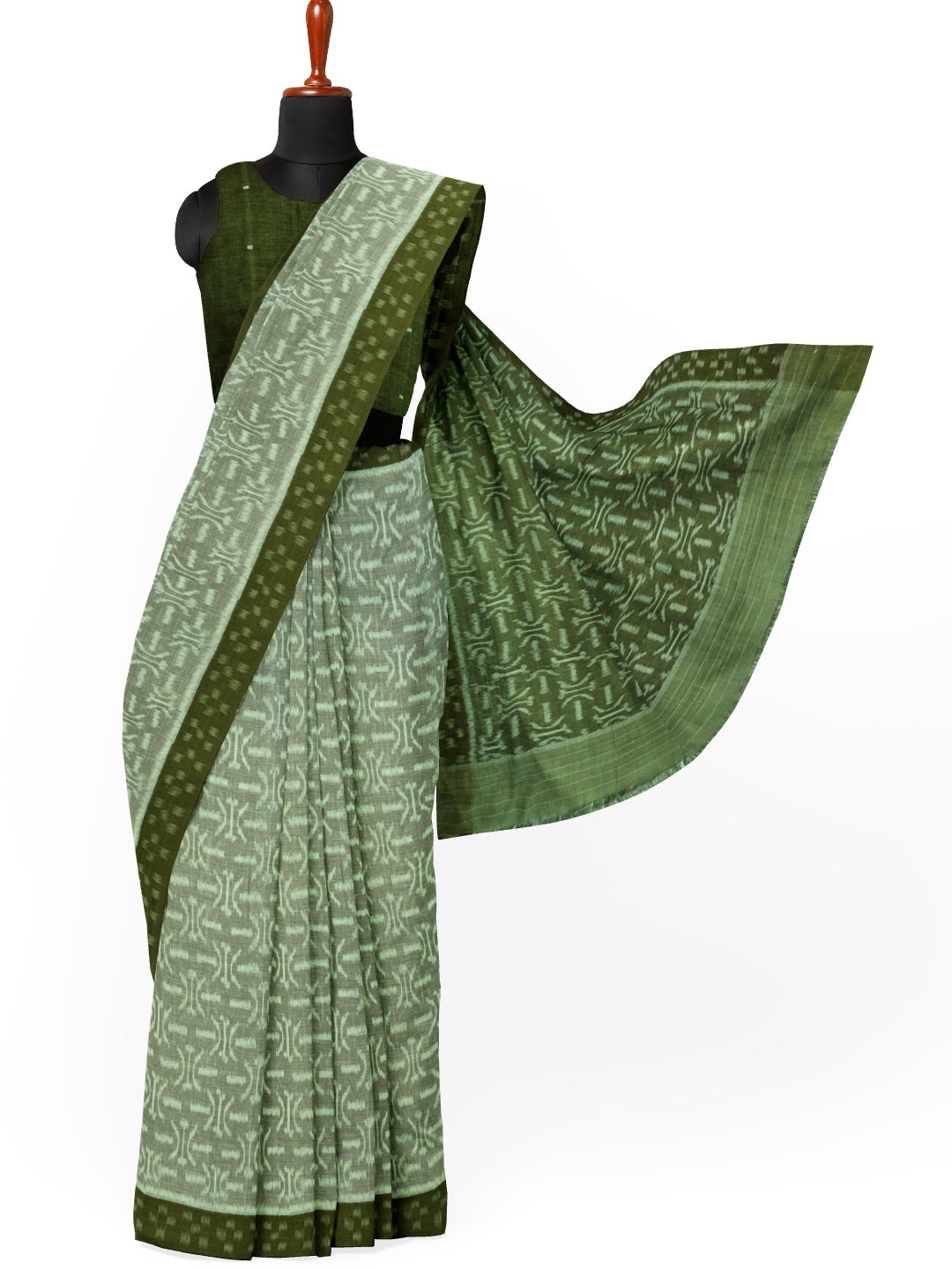 LightGreen Cotton Ikat saree with cotton ikat blouse piece