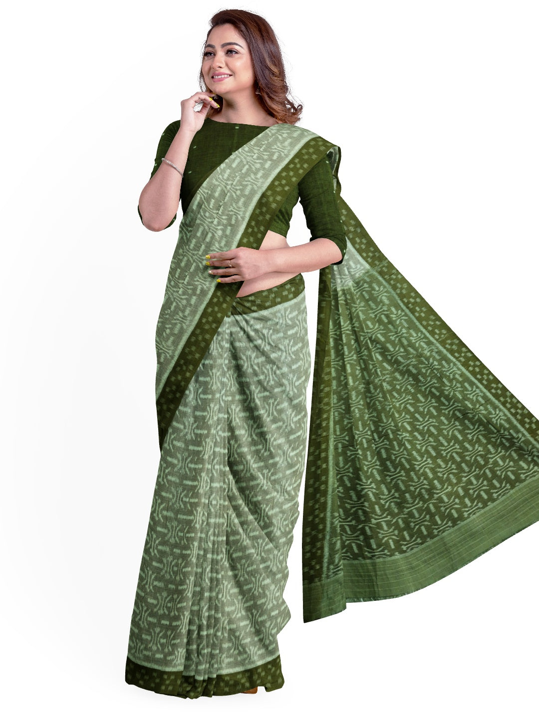 LightGreen Cotton Ikat saree with cotton ikat blouse piece