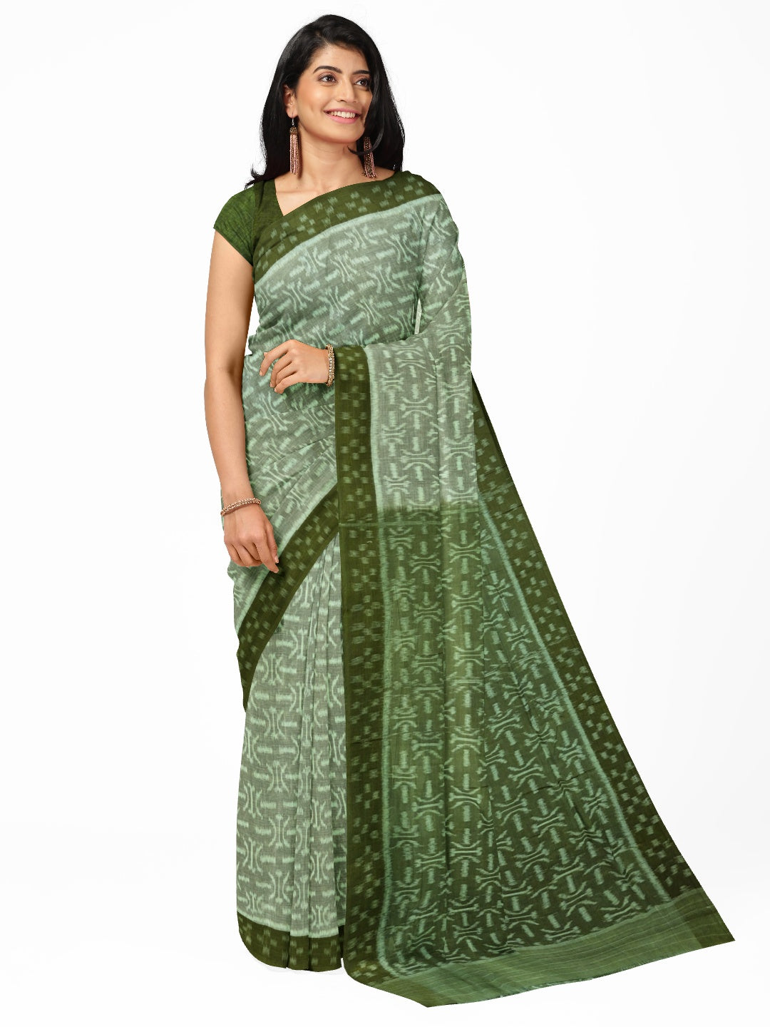 LightGreen Cotton Ikat saree with cotton ikat blouse piece