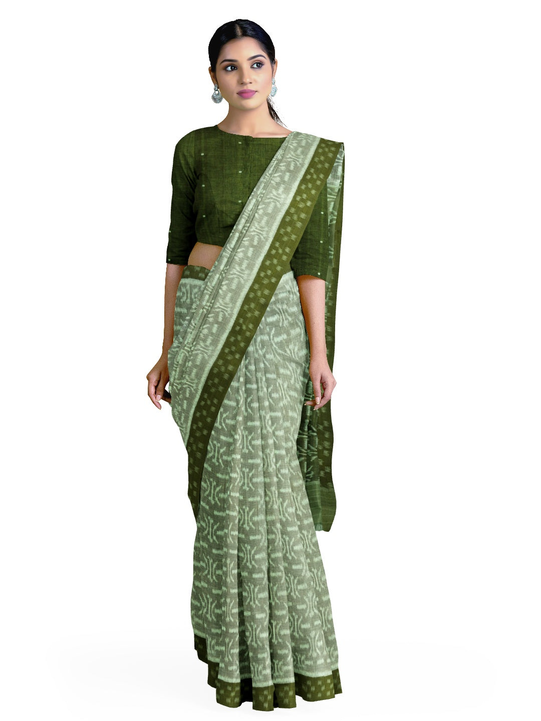 LightGreen Cotton Ikat saree with cotton ikat blouse piece